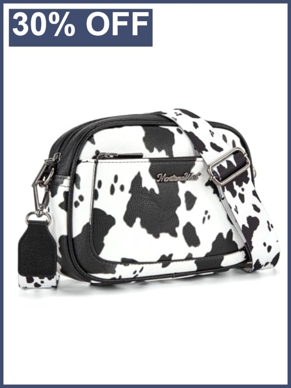 Montana West Cow Print Crossbody Bag Triple Zip Wide Strap